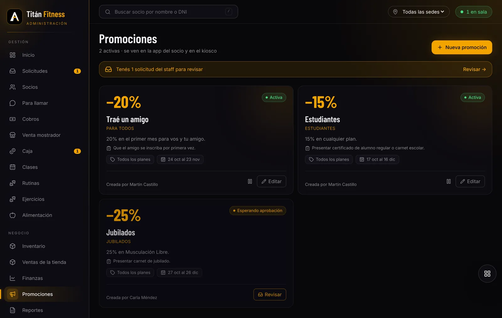 Las promociones activas y una esperando aprobación
