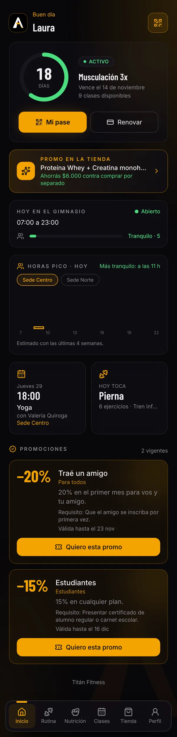 El inicio de la app del socio, con su cuota y su pase